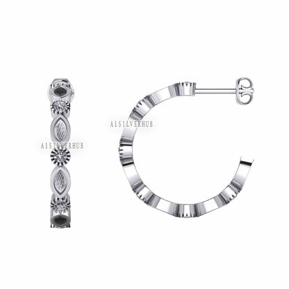 925 Sterling Solid Silver Marquise Blank Bezel with CZ Setted Eternity Hoop Earrings, Good for Resin & Ashes Keepsake/Breastmilk DIY Work