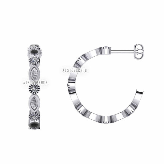 925 Sterling Solid Silver Marquise Blank Bezel with CZ Setted Eternity Hoop Earrings, Good for Resin & Ashes Keepsake/Breastmilk DIY Work