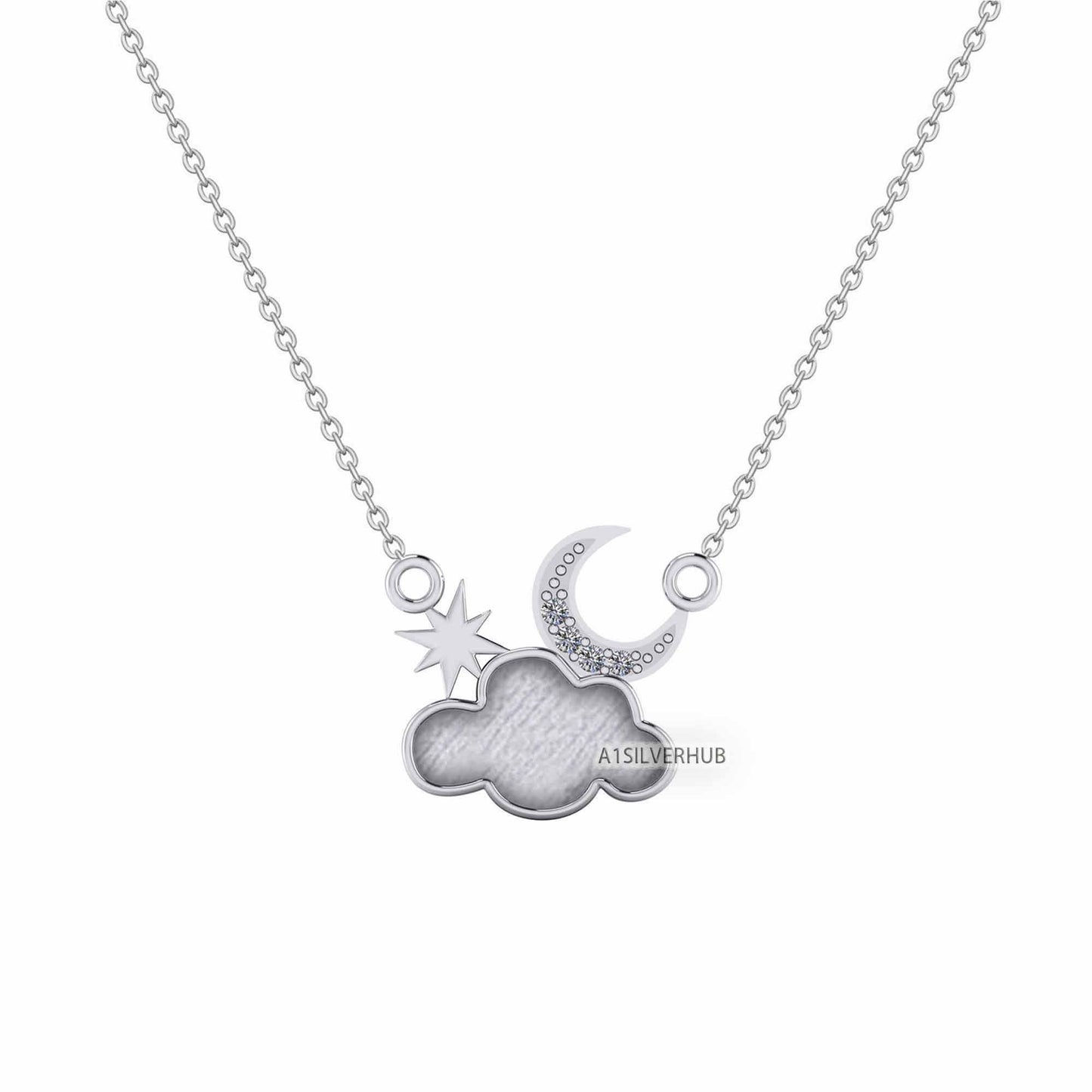 925 Sterling Silver Celestial Cloud Blank Bezel with Moon Star Necklace, Good for Resin & Ashes Work, Keepsake/Breastmilk DIY 16''+2'' Chain