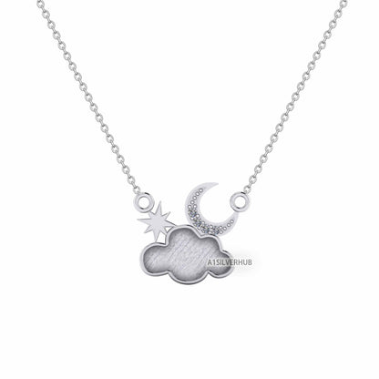 925 Sterling Silver Celestial Cloud Blank Bezel with Moon Star Necklace, Good for Resin & Ashes Work, Keepsake/Breastmilk DIY 16''+2'' Chain