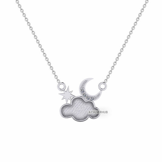 925 Sterling Silver Celestial Cloud Blank Bezel with Moon Star Necklace, Good for Resin & Ashes Work, Keepsake/Breastmilk DIY 16''+2'' Chain