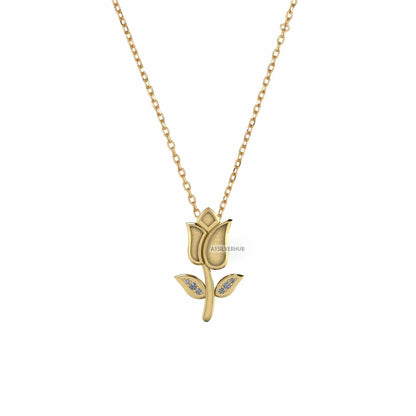 925 Sterling Silver Tulip Flower Blank Bezel CZ Set Leaf Floral Necklace, Good for Resin & Ashes Work,Keepsake/Breastmilk DIY 16''+2'' Chain