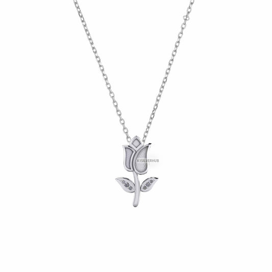925 Sterling Silver Tulip Flower Blank Bezel CZ Set Leaf Floral Necklace, Good for Resin & Ashes Work,Keepsake/Breastmilk DIY 16''+2'' Chain