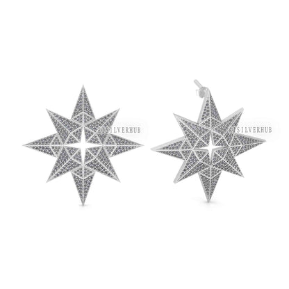 925 Sterling Solid Silver Unique Pole Star Design with Fully Cubic Zircon Setted Big Studs, Earrings for Women, Gifts for Wife or Girlfriend