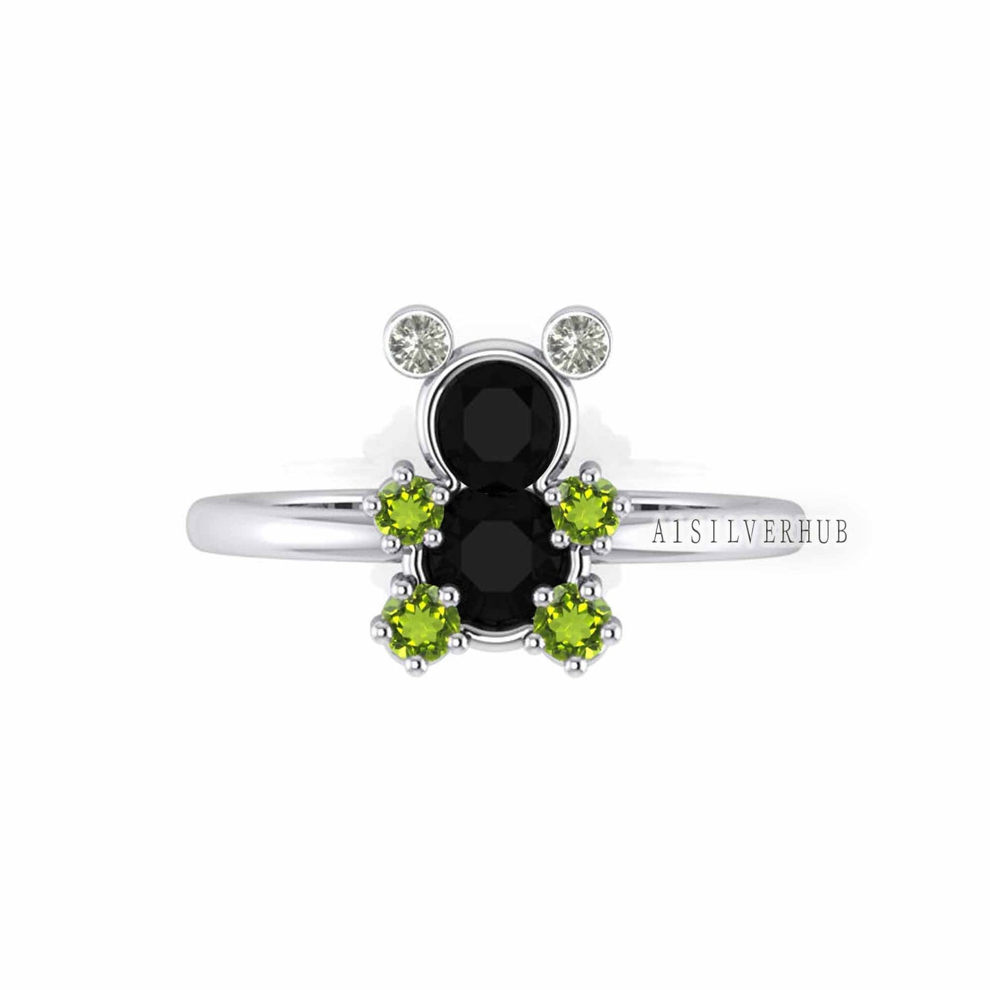 925 Sterling Solid Silver Teddy Bear Designer Black Onyx & Peridot with CZ Ring, Pet Lover Ring, Stackable Women Rings, Gifts For Loved Ones