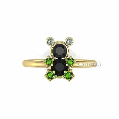 925 Sterling Solid Silver Teddy Bear Designer Black Onyx & Peridot with CZ Ring, Pet Lover Ring, Stackable Women Rings, Gifts For Loved Ones