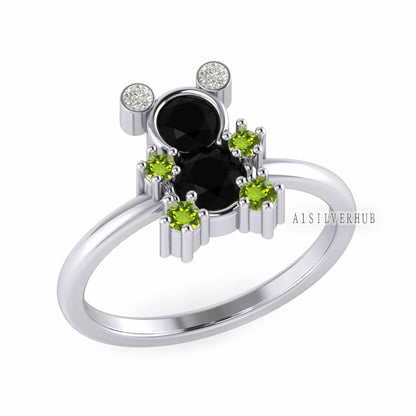 925 Sterling Solid Silver Teddy Bear Designer Black Onyx & Peridot with CZ Ring, Pet Lover Ring, Stackable Women Rings, Gifts For Loved Ones