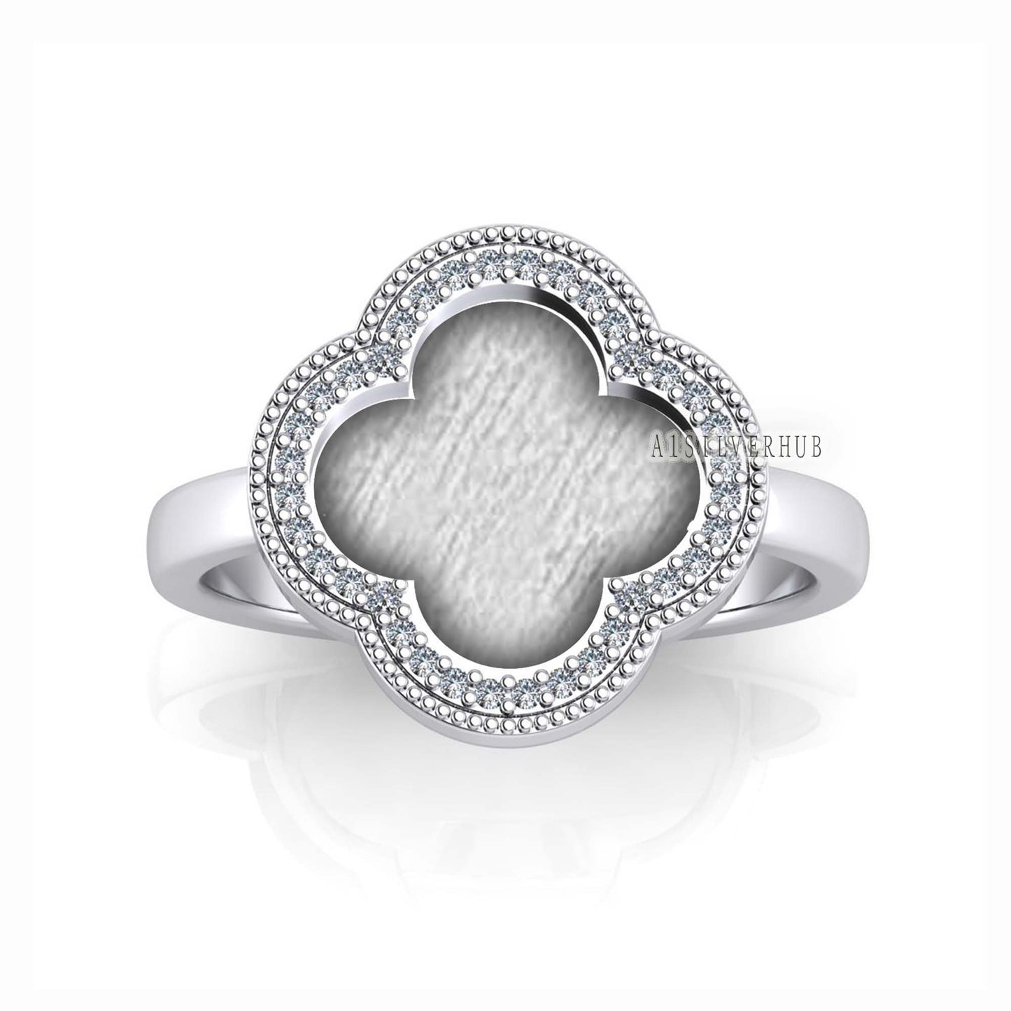 925 Sterling Solid Silver 11.50mm Clover Blank Bezel with CZ Setted Ring, Good for Resin & Ashes Work, Keepsake/Breastmilk DIY Jewelry Craft