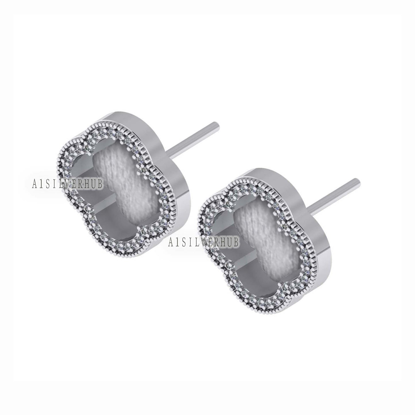 925 Sterling Silver 10x10mm Clover Shape Blank Bezel Stud Earring with Surrounded CZ Setted, Good for Resin & Ashes Work, Keepsake DIY Craft