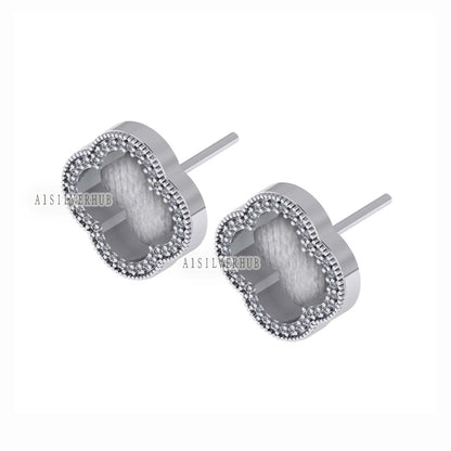 925 Sterling Silver 10x10mm Clover Shape Blank Bezel Stud Earring with Surrounded CZ Setted, Good for Resin & Ashes Work, Keepsake DIY Craft