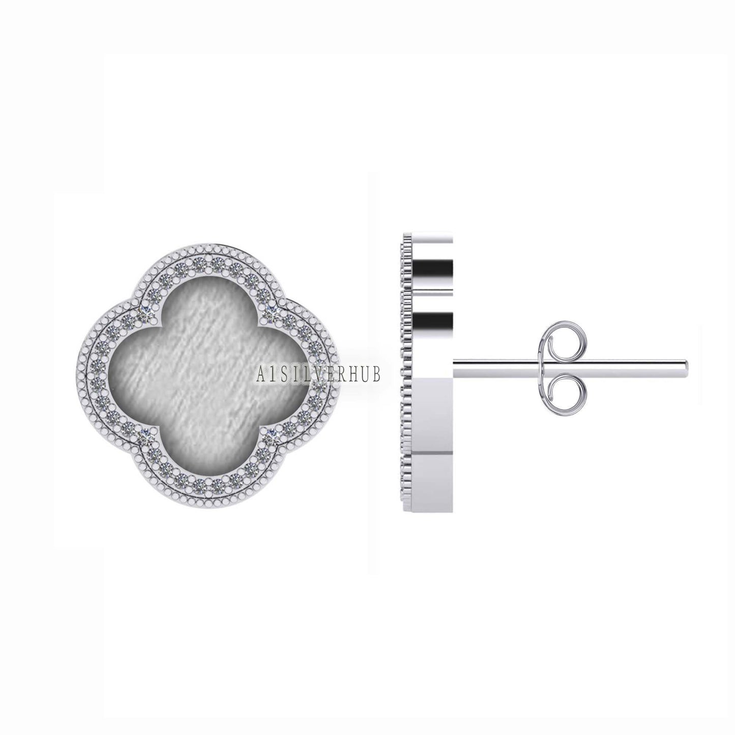 925 Sterling Silver 10x10mm Clover Shape Blank Bezel Stud Earring with Surrounded CZ Setted, Good for Resin & Ashes Work, Keepsake DIY Craft