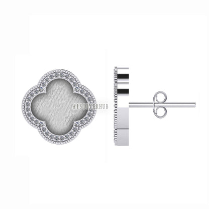 925 Sterling Silver 10x10mm Clover Shape Blank Bezel Stud Earring with Surrounded CZ Setted, Good for Resin & Ashes Work, Keepsake DIY Craft