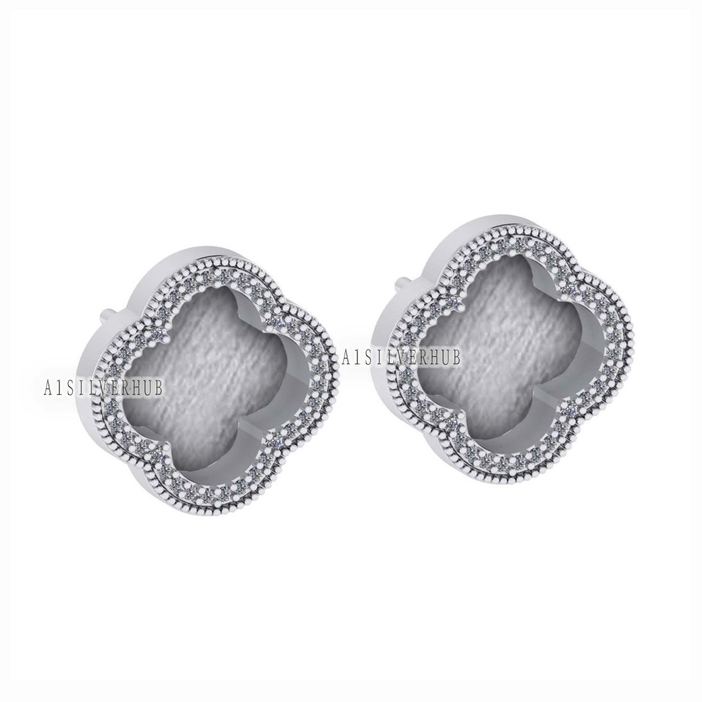 925 Sterling Silver 10x10mm Clover Shape Blank Bezel Stud Earring with Surrounded CZ Setted, Good for Resin & Ashes Work, Keepsake DIY Craft