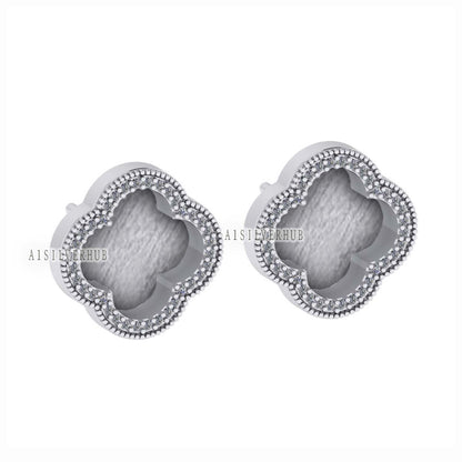 925 Sterling Silver 10x10mm Clover Shape Blank Bezel Stud Earring with Surrounded CZ Setted, Good for Resin & Ashes Work, Keepsake DIY Craft