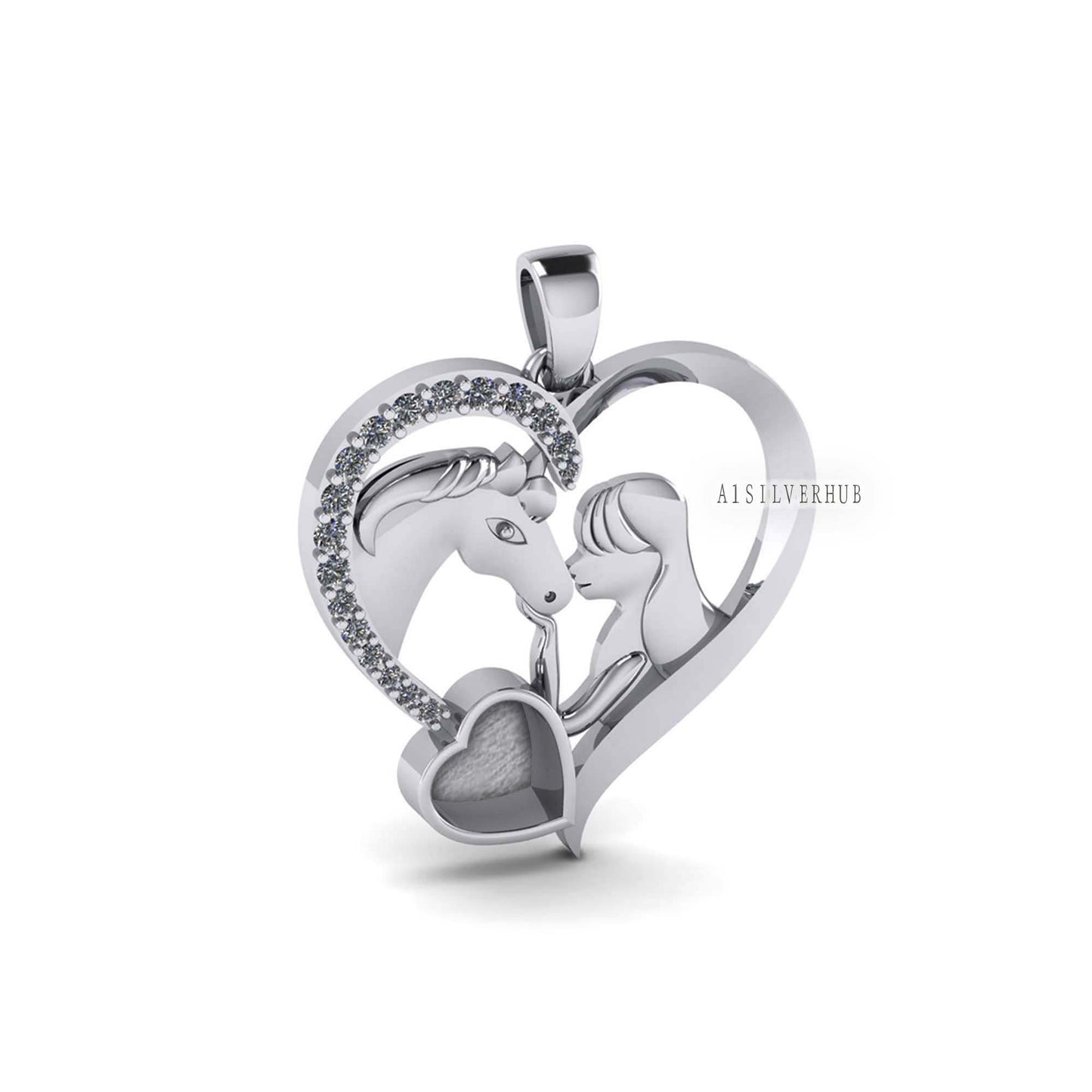 Luxury Girl with Horse Pendant for Women 6mm Blank Heart Zircon Setted, 925 Sterling Silver, Good for Resin & Ashes, Breastmilk/Keepsake DIY