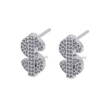 925 Sterling Silver 13mm Long Doller Sign Fully Zircon Setted Ear Stud Earrings, Everyday Wear, Unisex & Children, Symbol Jewelry, Push Back