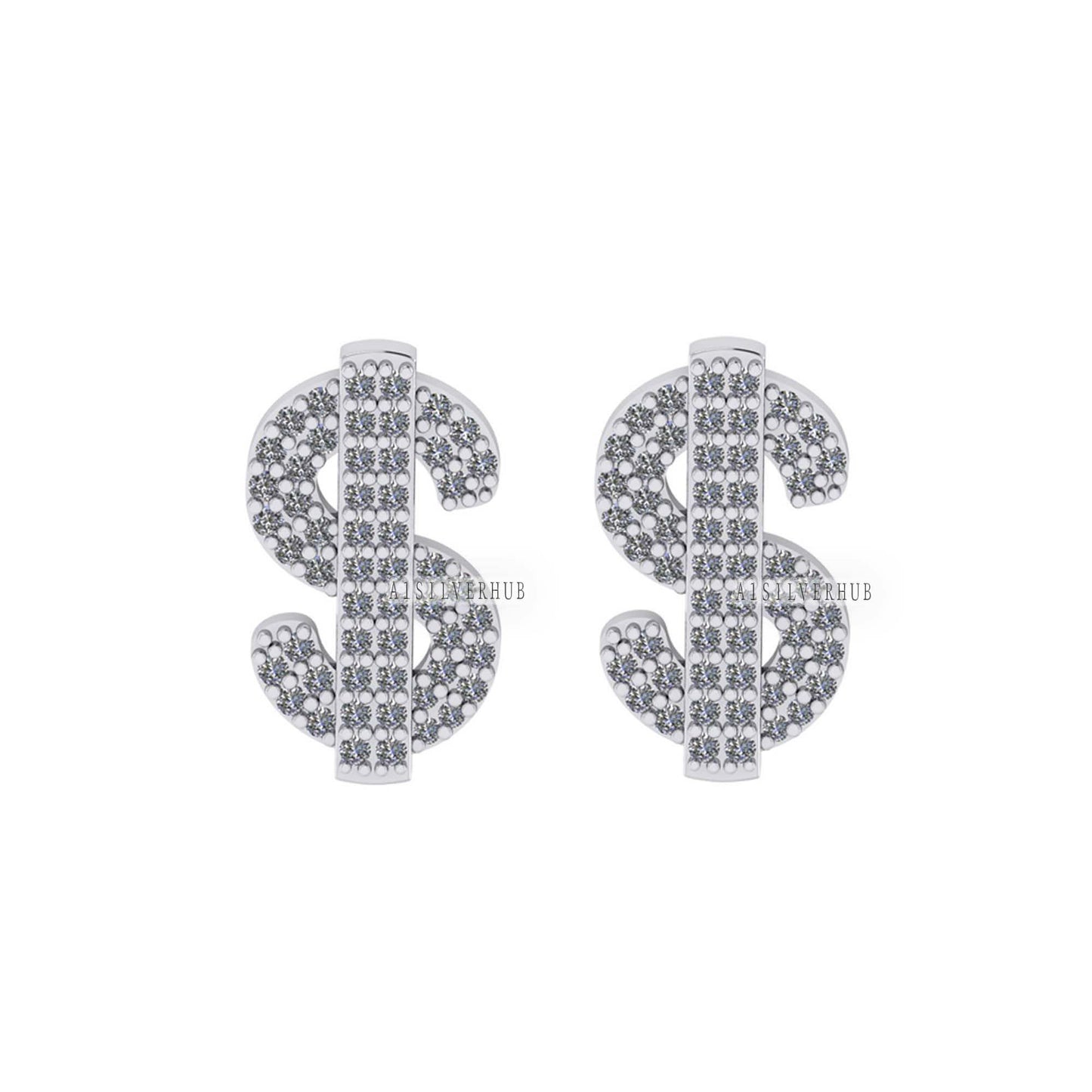 925 Sterling Silver 13mm Long Doller Sign Fully Zircon Setted Ear Stud Earrings, Everyday Wear, Unisex & Children, Symbol Jewelry, Push Back