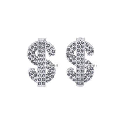 925 Sterling Silver 13mm Long Doller Sign Fully Zircon Setted Ear Stud Earrings, Everyday Wear, Unisex & Children, Symbol Jewelry, Push Back