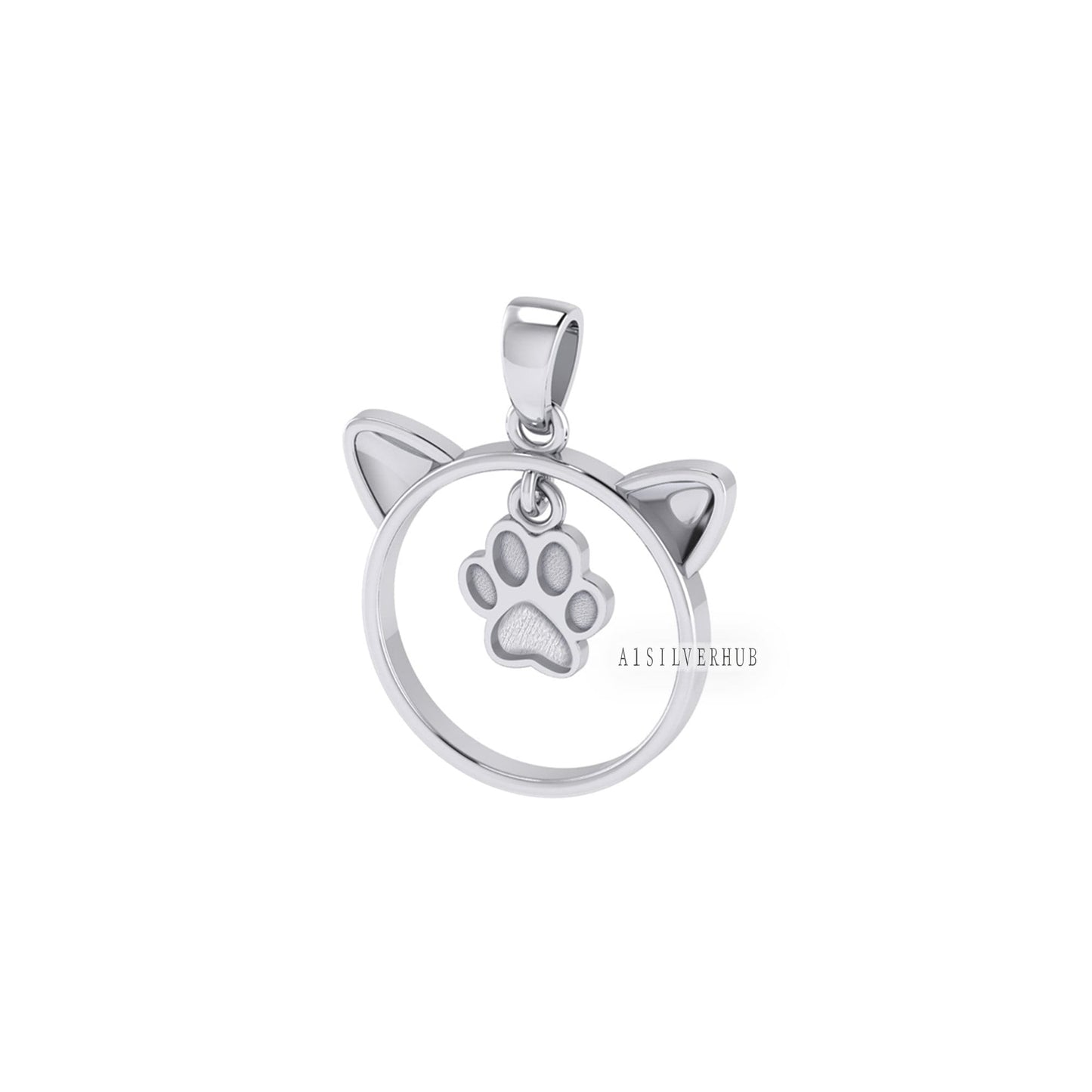 925 Sterling Solid Silver Cute Kitty with Dog Paw Print Blank Bezel Pendant Setting, Good for Resin & Ashes Work, Keepsake DIY, Animal Lover