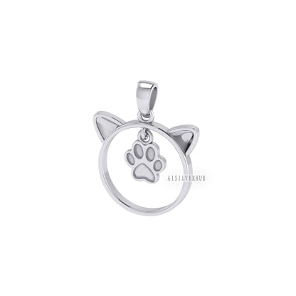 925 Sterling Solid Silver Cute Kitty with Dog Paw Print Blank Bezel Pendant Setting, Good for Resin & Ashes Work, Keepsake DIY, Animal Lover