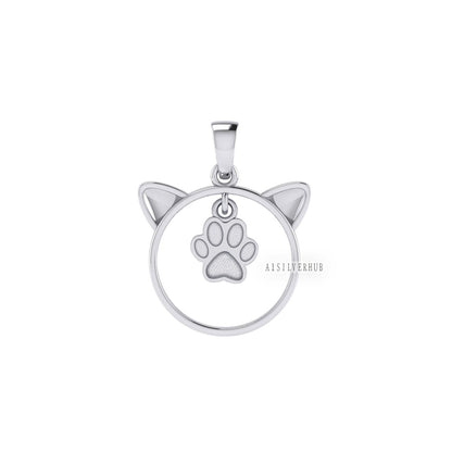 925 Sterling Solid Silver Cute Kitty with Dog Paw Print Blank Bezel Pendant Setting, Good for Resin & Ashes Work, Keepsake DIY, Animal Lover