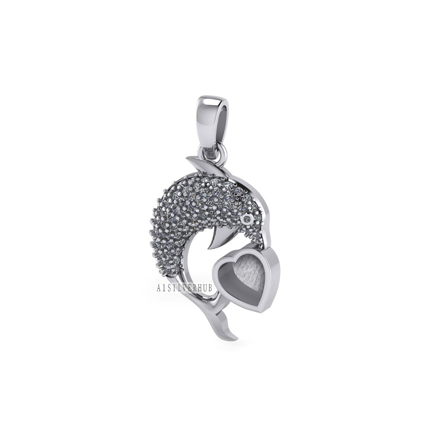 925 Sterling Silver Dolphin with 6mm Heart Blank Bezel Pendant Setting, Good for Resin & Ashes Work, Keepsake/Breastmilk DIY, Memorial Charm
