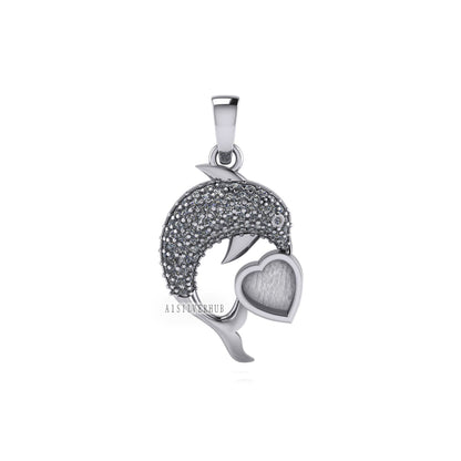 925 Sterling Silver Dolphin with 6mm Heart Blank Bezel Pendant Setting, Good for Resin & Ashes Work, Keepsake/Breastmilk DIY, Memorial Charm