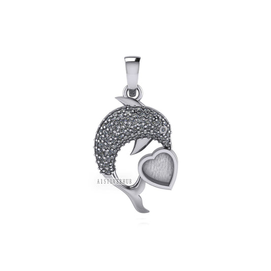 925 Sterling Silver Dolphin with 6mm Heart Blank Bezel Pendant Setting, Good for Resin & Ashes Work, Keepsake/Breastmilk DIY, Memorial Charm