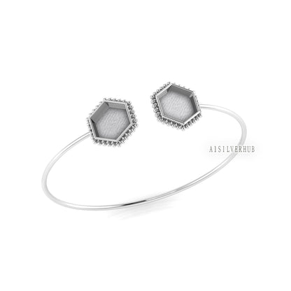 925 Sterling Solid Silver 12mm Hexagon Shape Blank Bezel Adjustable Bracelet/Bangle, Good for Resin & Ashes Work, Keepsake/Breastmilk DIY
