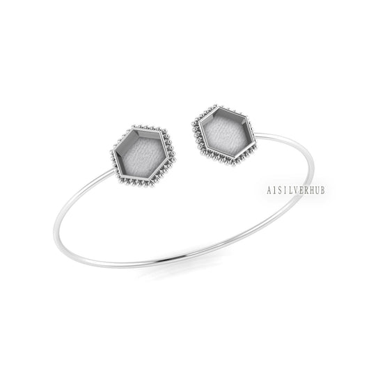 925 Sterling Solid Silver 12mm Hexagon Shape Blank Bezel Adjustable Bracelet/Bangle, Good for Resin & Ashes Work, Keepsake/Breastmilk DIY