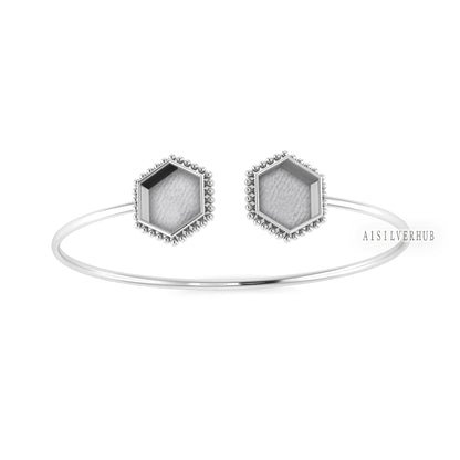 925 Sterling Solid Silver 12mm Hexagon Shape Blank Bezel Adjustable Bracelet/Bangle, Good for Resin & Ashes Work, Keepsake/Breastmilk DIY