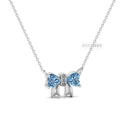 Elegant Ribbon Necklace with Blue Topaz Stone, Bow Tie the Knot, 925 Sterling Silver with CZ Setted, Party Wear Jewelry, Gift For Loved Ones