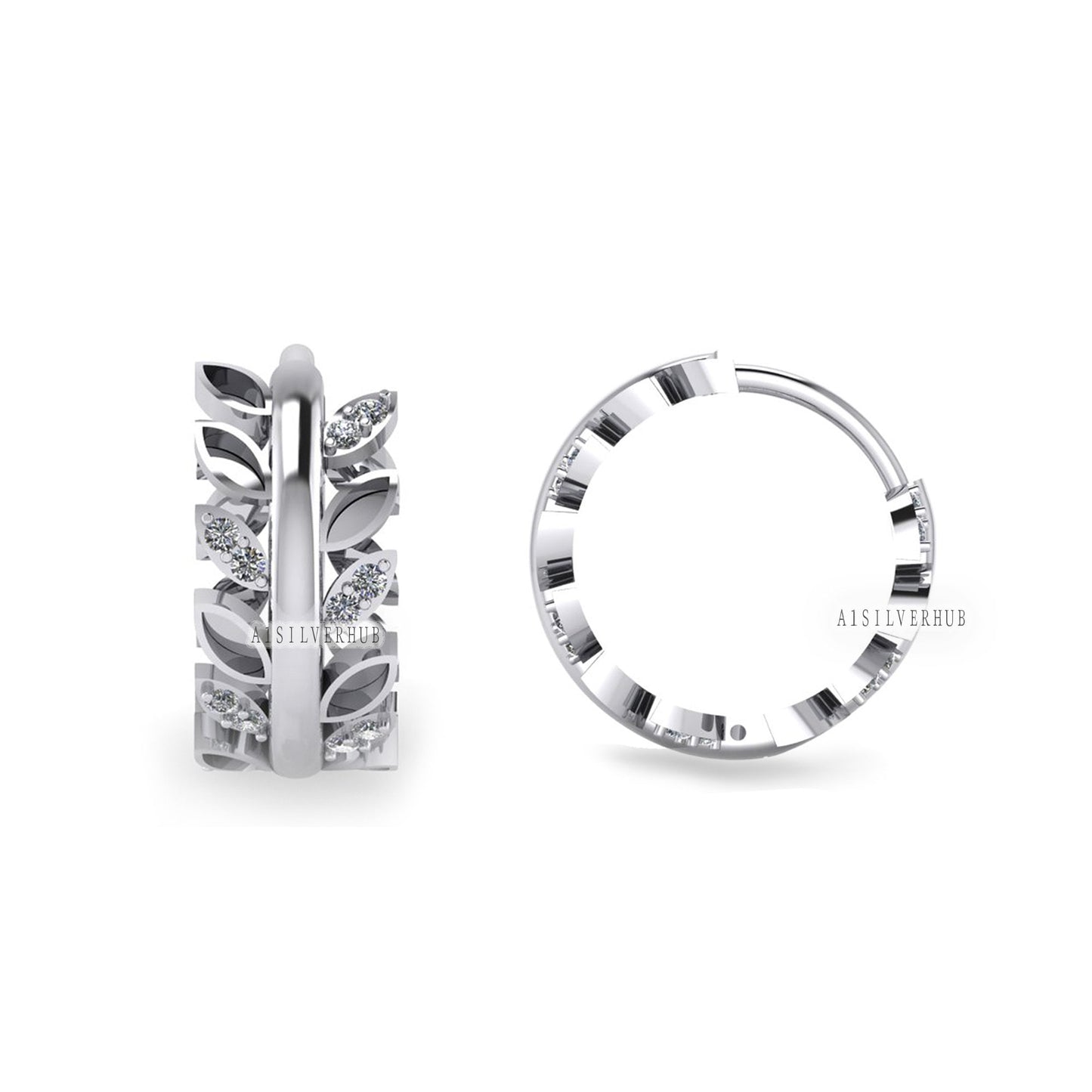 925 Sterling Silver Olive Leaf Blank Bezel with CZ Setted Hoop Earrings, Good for Resin, Boho Keepsake/Breastmilk DIY, Huggies Gifts For Her