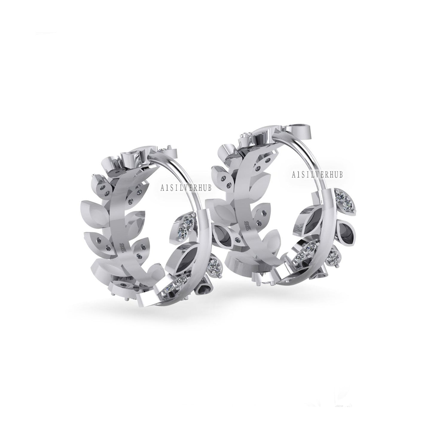 925 Sterling Silver Olive Leaf Blank Bezel with CZ Setted Hoop Earrings, Good for Resin, Boho Keepsake/Breastmilk DIY, Huggies Gifts For Her
