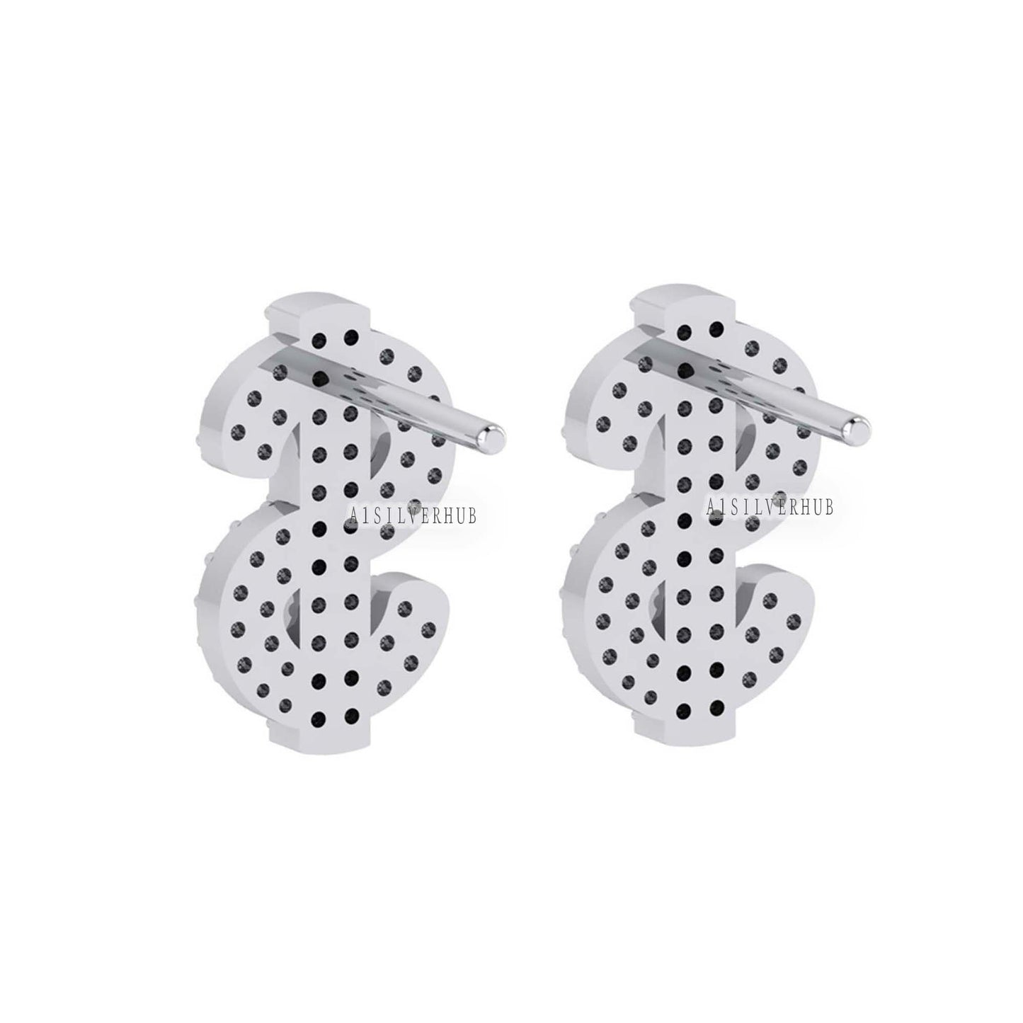 925 Sterling Silver 13mm Long Doller Sign Fully Zircon Setted Ear Stud Earrings, Everyday Wear, Unisex & Children, Symbol Jewelry, Push Back