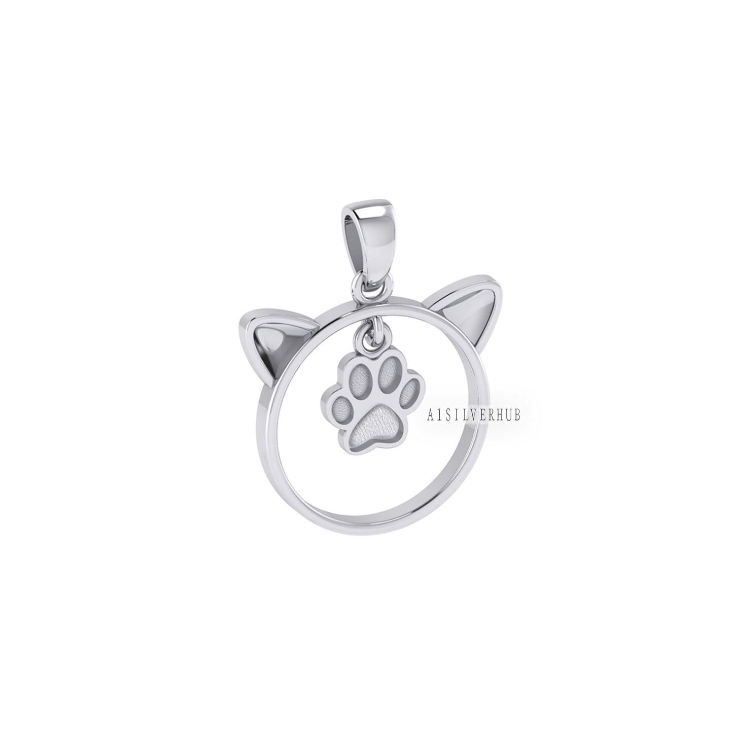 925 Sterling Solid Silver Cute Kitty with Dog Paw Print Blank Bezel Pendant Setting, Good for Resin & Ashes Work, Keepsake DIY, Animal Lover