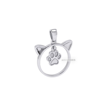925 Sterling Solid Silver Cute Kitty with Dog Paw Print Blank Bezel Pendant Setting, Good for Resin & Ashes Work, Keepsake DIY, Animal Lover