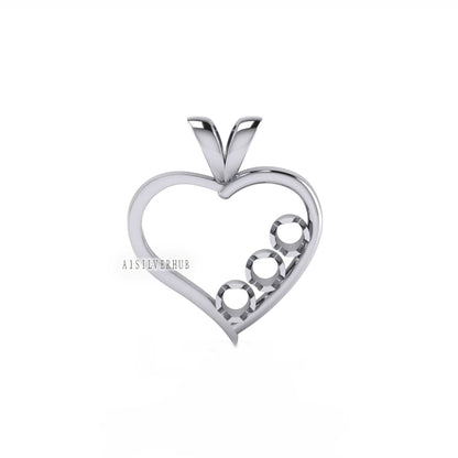 925 Sterling Silver Heart Designer Round 3mm 3 Stone Blank Prong Set Pendant Settings, Good for Faceted Gemstone & CZ Work, DIY Crafts