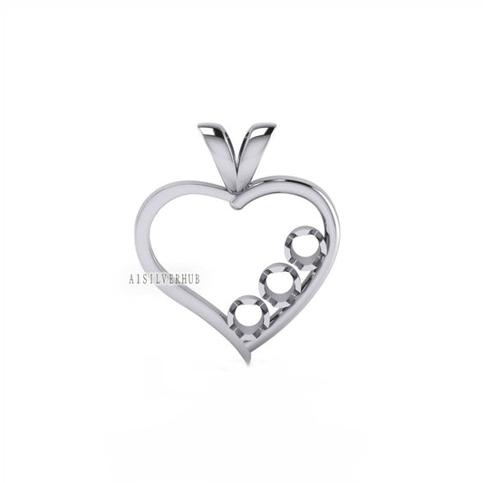 925 Sterling Silver Heart Designer Round 3mm 3 Stone Blank Prong Set Pendant Settings, Good for Faceted Gemstone & CZ Work, DIY Crafts
