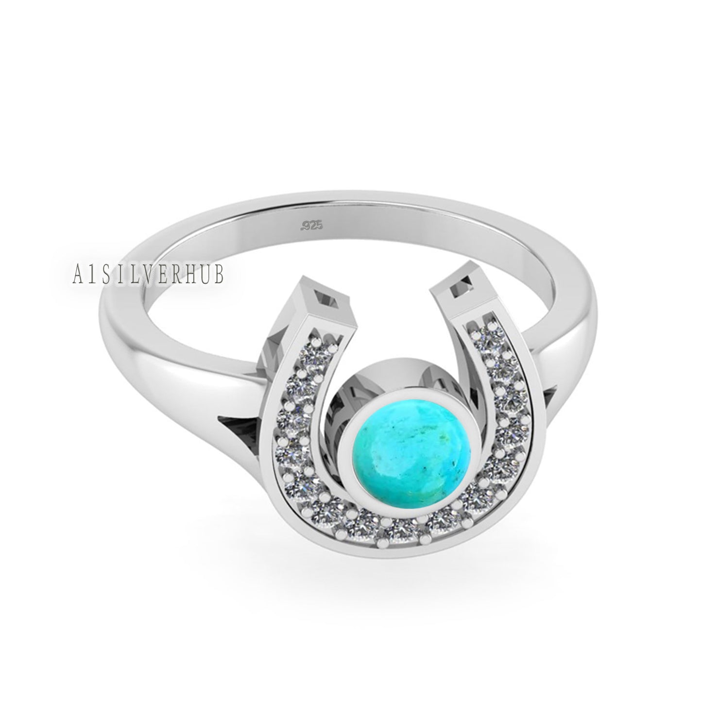 925 Sterling Solid Silver Good Luck Horse Shoe 5mm Genuine Arizona Turquoise with CZ Setted, Turquoise Jewelry, Keepsake Birthstone Ring