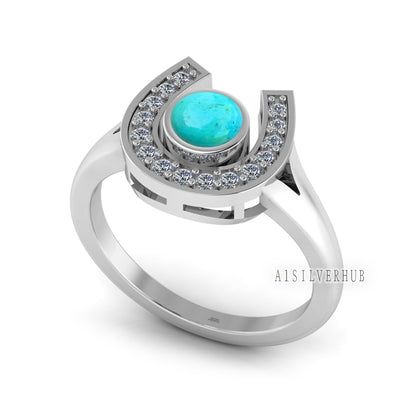 925 Sterling Solid Silver Good Luck Horse Shoe 5mm Genuine Arizona Turquoise with CZ Setted, Turquoise Jewelry, Keepsake Birthstone Ring