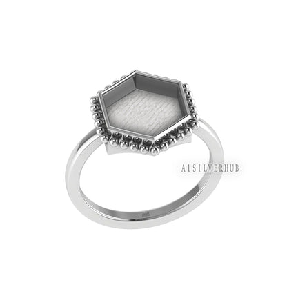 925 Sterling Solid Silver 12mm Hexagon Shape Blank Bezel Designer Ring Settings, Good for Resin & Ashes Work, Keepsake Breastmilk DIY Crafts