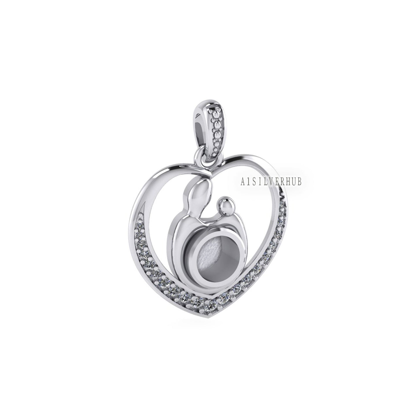 925 Sterling Silver Mother & Baby Heart 5.5mm Round Blank Bezel CZ Setted Pendant Setting, For Pour Resin, Keepsake Breastmilk, Memorial DIY