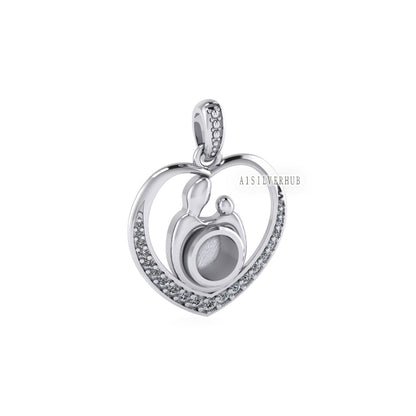 925 Sterling Silver Mother & Baby Heart 5.5mm Round Blank Bezel CZ Setted Pendant Setting, For Pour Resin, Keepsake Breastmilk, Memorial DIY