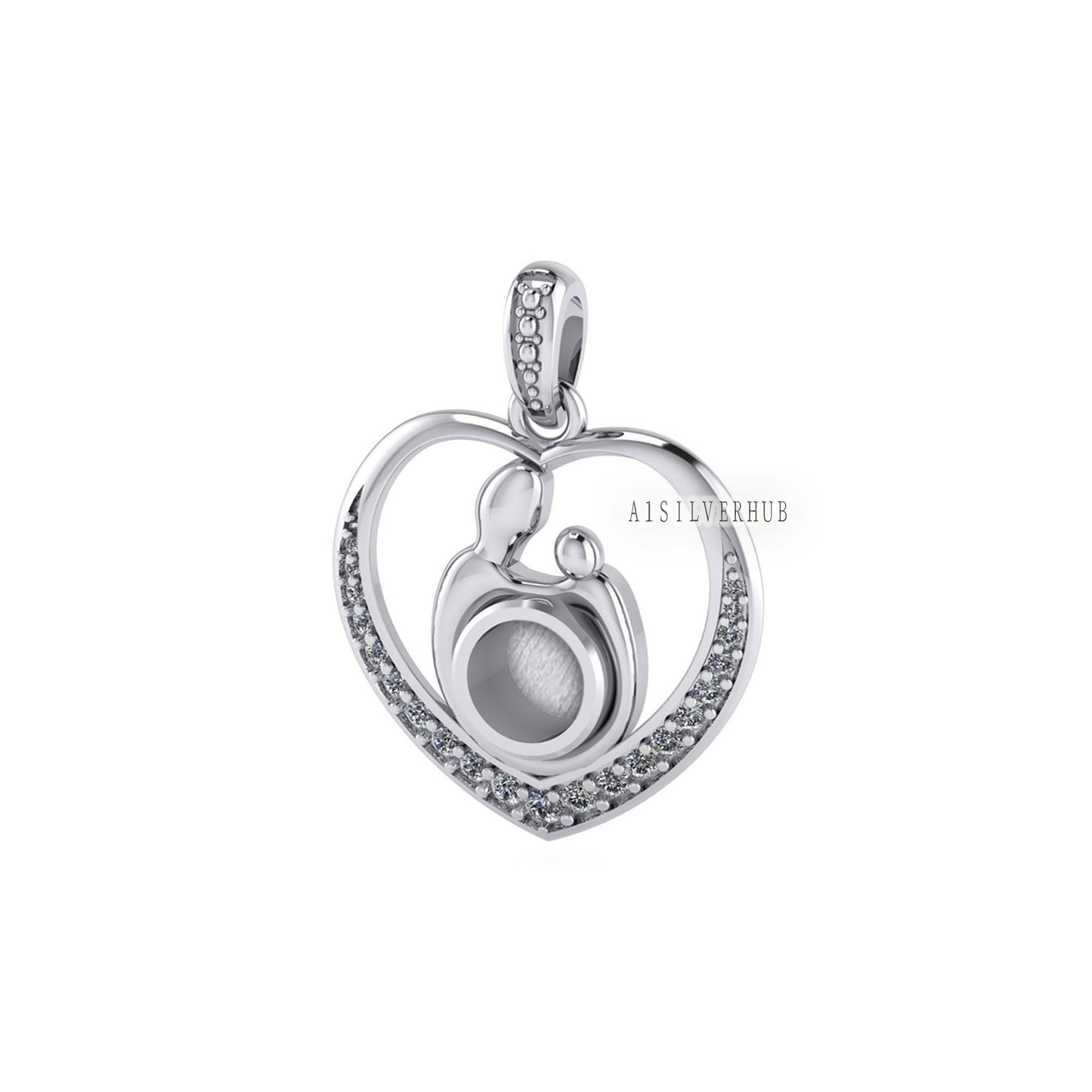 925 Sterling Silver Mother & Baby Heart 5.5mm Round Blank Bezel CZ Setted Pendant Setting, For Pour Resin, Keepsake Breastmilk, Memorial DIY