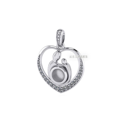 925 Sterling Silver Mother & Baby Heart 5.5mm Round Blank Bezel CZ Setted Pendant Setting, For Pour Resin, Keepsake Breastmilk, Memorial DIY