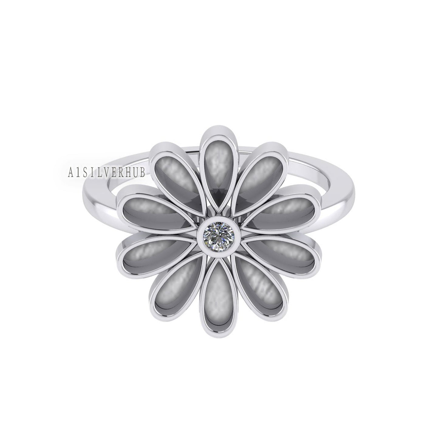 925 Sterling Silver Sunflower Floral Pear Blank Bezel Daisy CZ Setting Ring, Good for Resin & Ashes Work, Keepsake/Breastmilk DIY Crafts