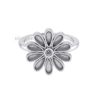 925 Sterling Silver Sunflower Floral Pear Blank Bezel Daisy CZ Setting Ring, Good for Resin & Ashes Work, Keepsake/Breastmilk DIY Crafts