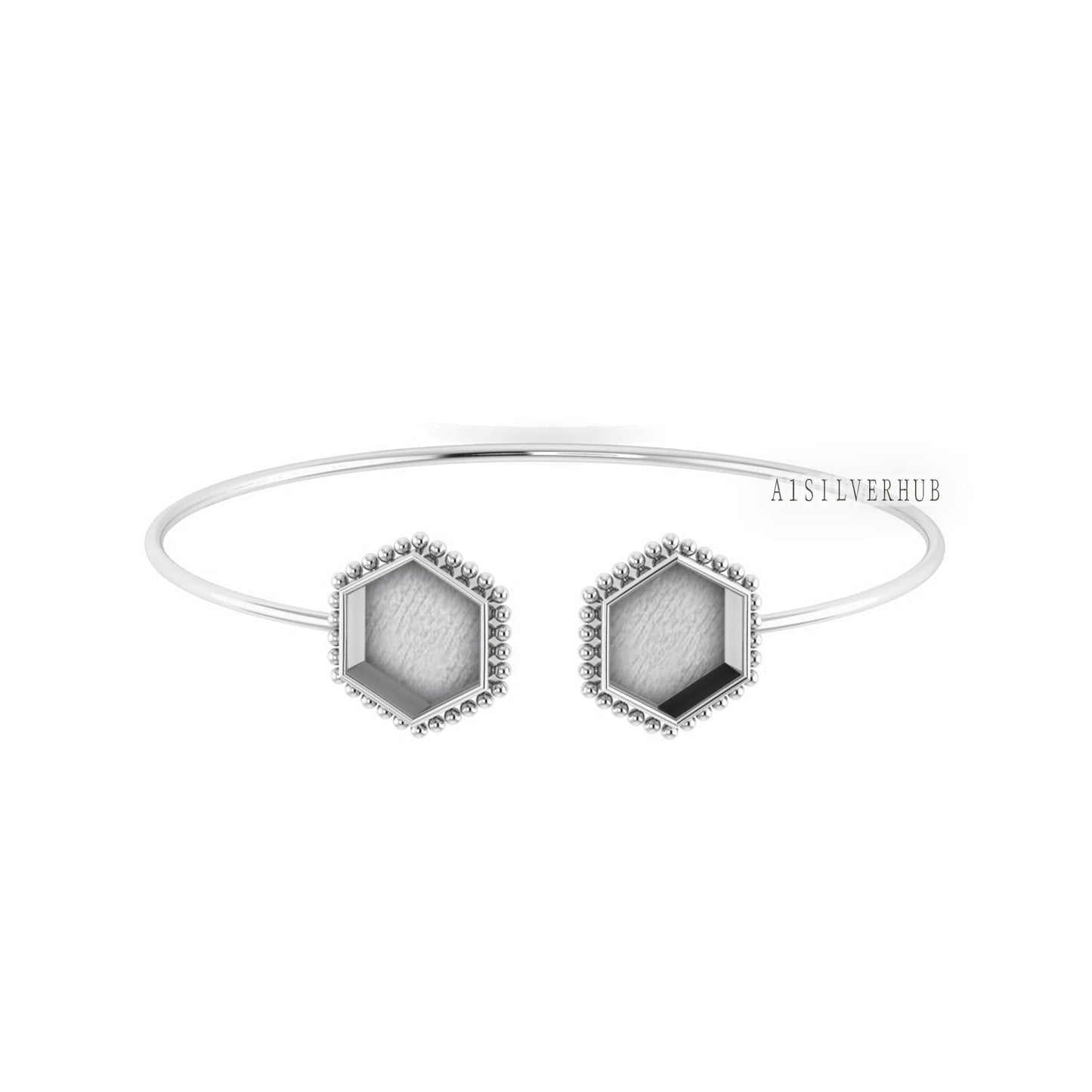 925 Sterling Solid Silver 12mm Hexagon Shape Blank Bezel Adjustable Bracelet/Bangle, Good for Resin & Ashes Work, Keepsake/Breastmilk DIY