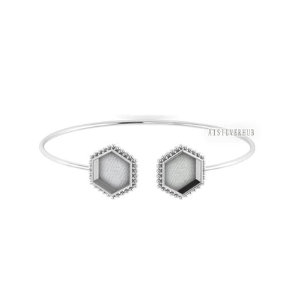 925 Sterling Solid Silver 12mm Hexagon Shape Blank Bezel Adjustable Bracelet/Bangle, Good for Resin & Ashes Work, Keepsake/Breastmilk DIY